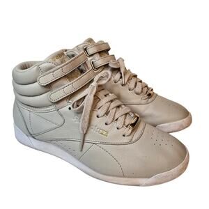 Reebok Freestyle Hi Muted Sneaker Size 7 Taupe Tan Double Strap High Top Classic